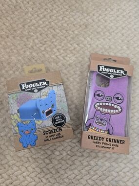 Greedy Grinner Purple Furry iPhone 15 Case & Screech Blue USB-C Wall Charger